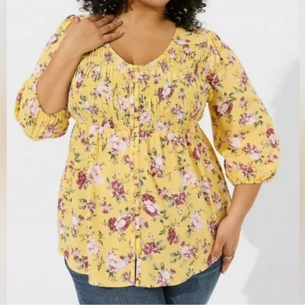 Torrid Yellow Floral Button-Front Smocked Babydoll Size 3 Blouse